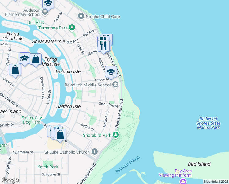 map of restaurants, bars, coffee shops, grocery stores, and more near 1450 Tarpon Street in Foster City