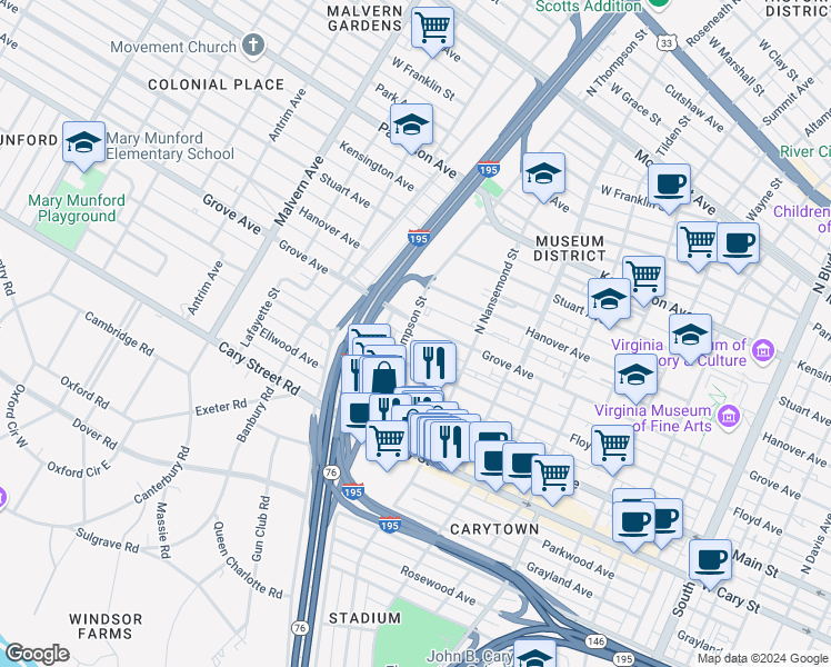 map of restaurants, bars, coffee shops, grocery stores, and more near 3551 Grove Avenue in Richmond