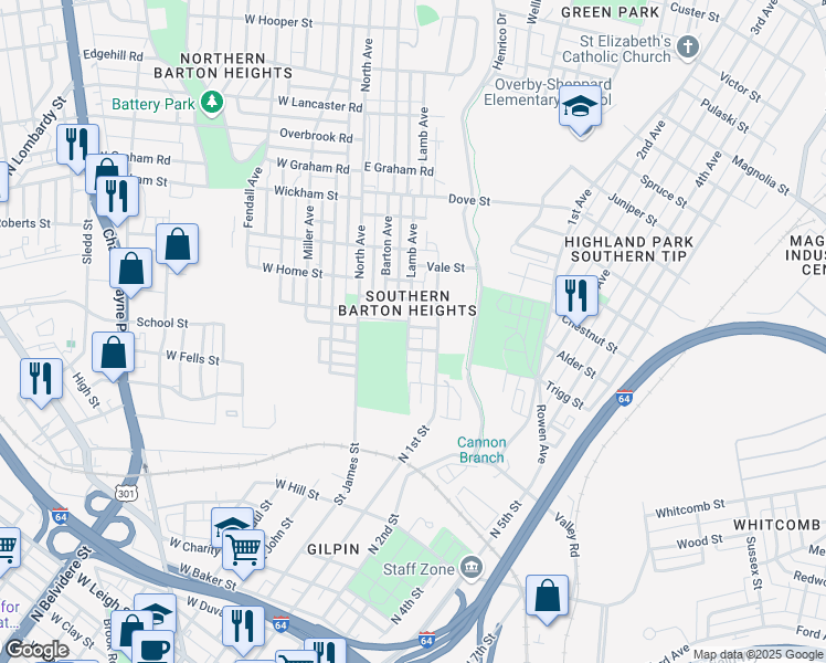 map of restaurants, bars, coffee shops, grocery stores, and more near 203 Minor Street in Richmond