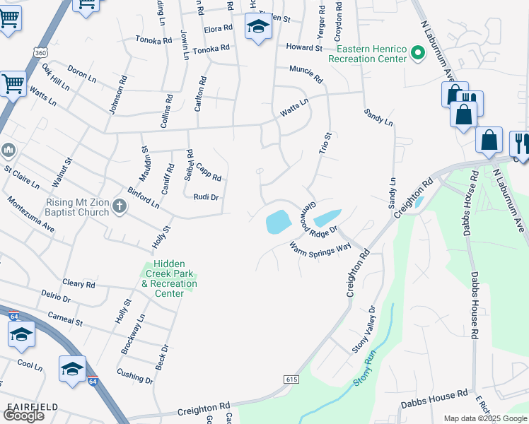 map of restaurants, bars, coffee shops, grocery stores, and more near 2636 Piney Ridge Drive in Richmond