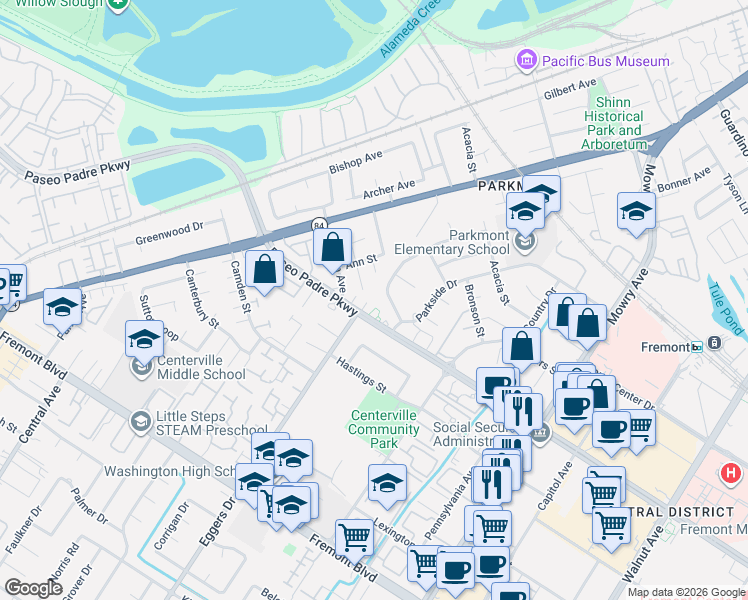 map of restaurants, bars, coffee shops, grocery stores, and more near 38228 Paseo Padre Parkway in Fremont