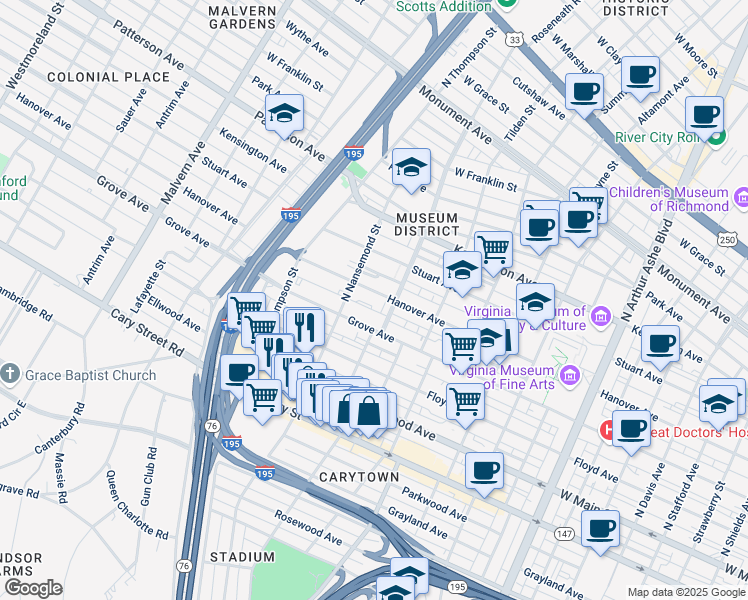 map of restaurants, bars, coffee shops, grocery stores, and more near 215 Roseneath Road in Richmond