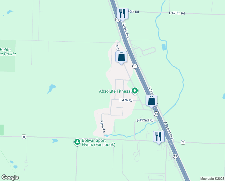 map of restaurants, bars, coffee shops, grocery stores, and more near 1293 East 478th Road in Bolivar