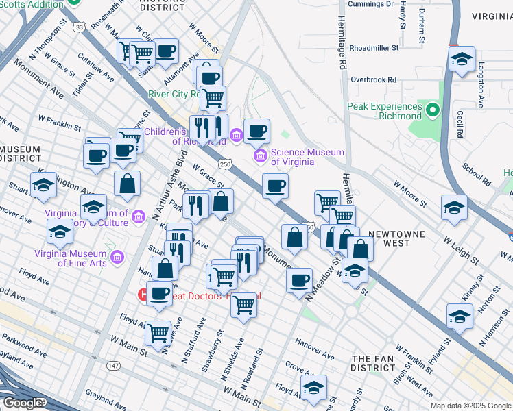 map of restaurants, bars, coffee shops, grocery stores, and more near 2323 West Grace Street in Richmond