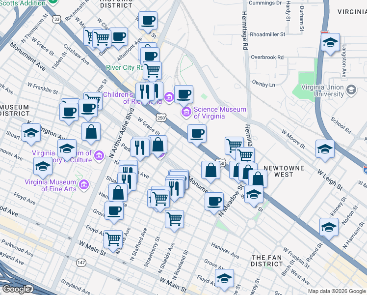 map of restaurants, bars, coffee shops, grocery stores, and more near 2323 West Grace Street in Richmond