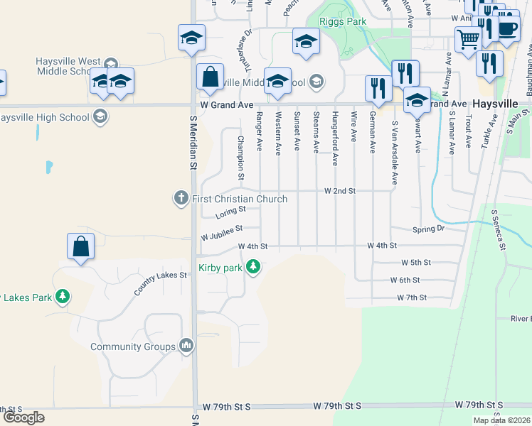 map of restaurants, bars, coffee shops, grocery stores, and more near 351 Ranger Street in Haysville
