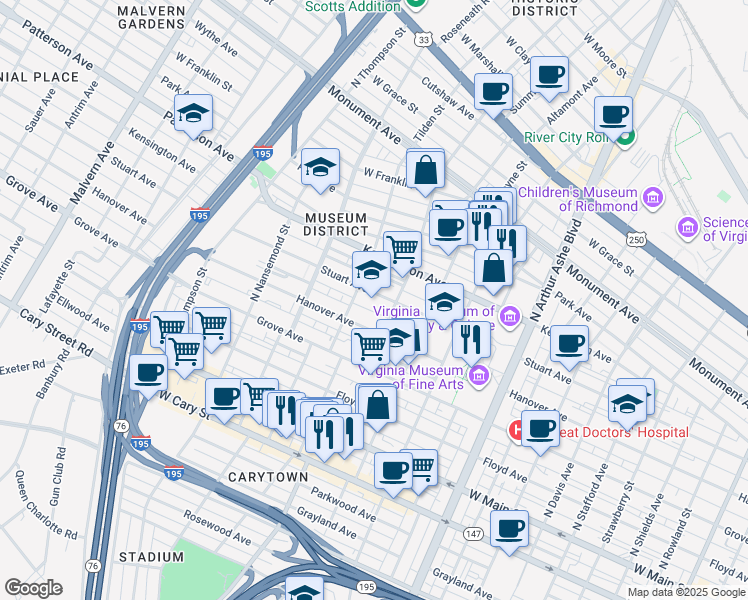 map of restaurants, bars, coffee shops, grocery stores, and more near 3215 Stuart Avenue in Richmond