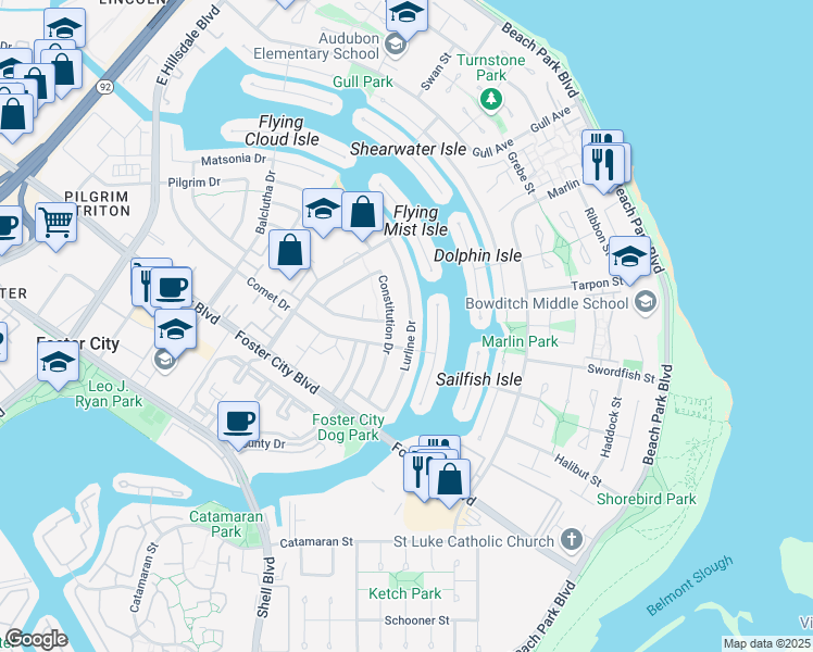 map of restaurants, bars, coffee shops, grocery stores, and more near 876 Lurline Drive in Foster City