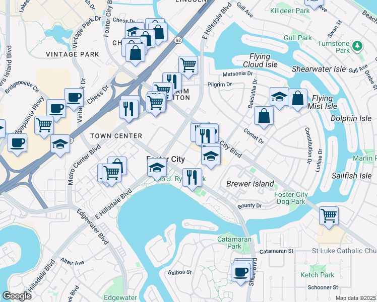 map of restaurants, bars, coffee shops, grocery stores, and more near in Foster City