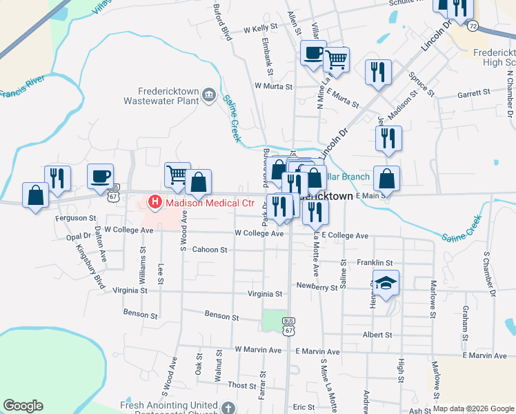 map of restaurants, bars, coffee shops, grocery stores, and more near 207 Janis Street in Fredericktown