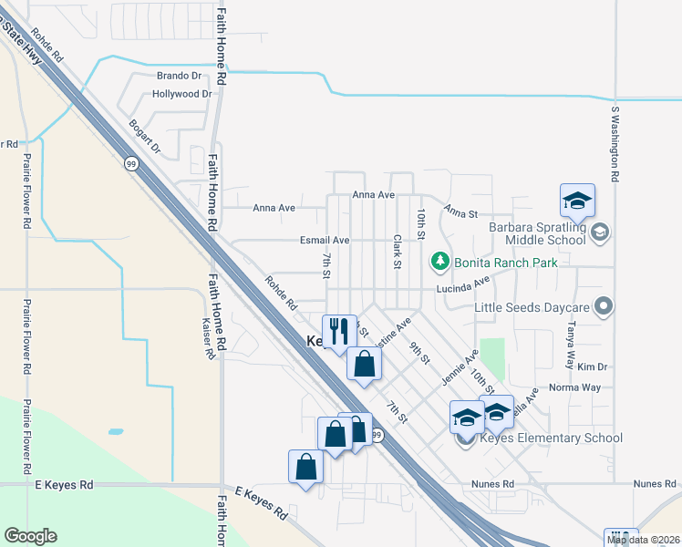 map of restaurants, bars, coffee shops, grocery stores, and more near in Keyes