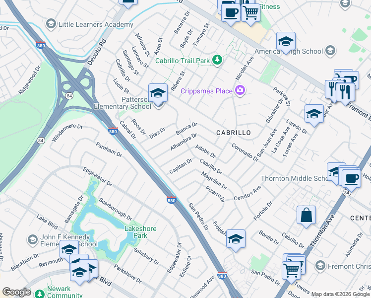 map of restaurants, bars, coffee shops, grocery stores, and more near 35871 Adobe Drive in Fremont