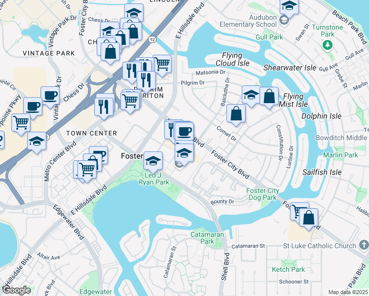 map of restaurants, bars, coffee shops, grocery stores, and more near 800 Foster City Boulevard in Foster City