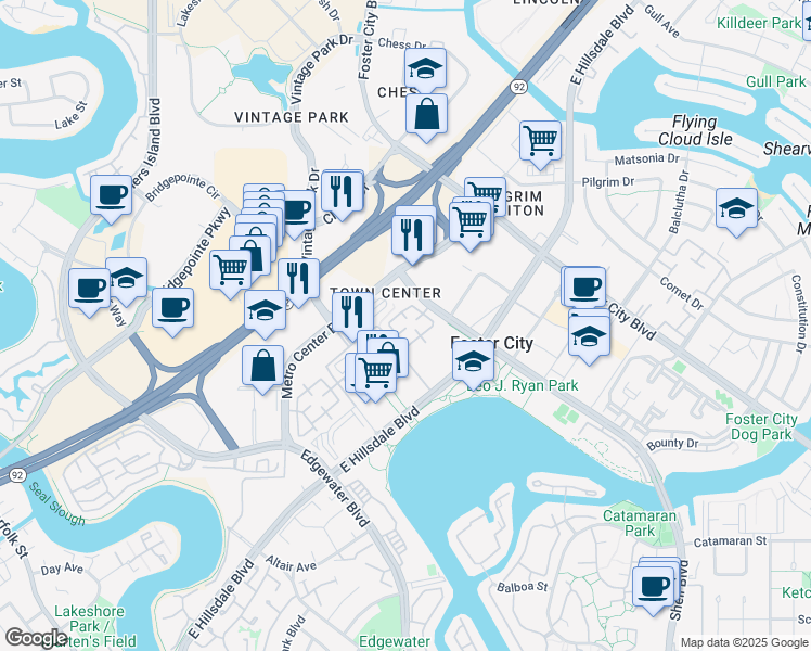 map of restaurants, bars, coffee shops, grocery stores, and more near 45 East Court Lane in Foster City