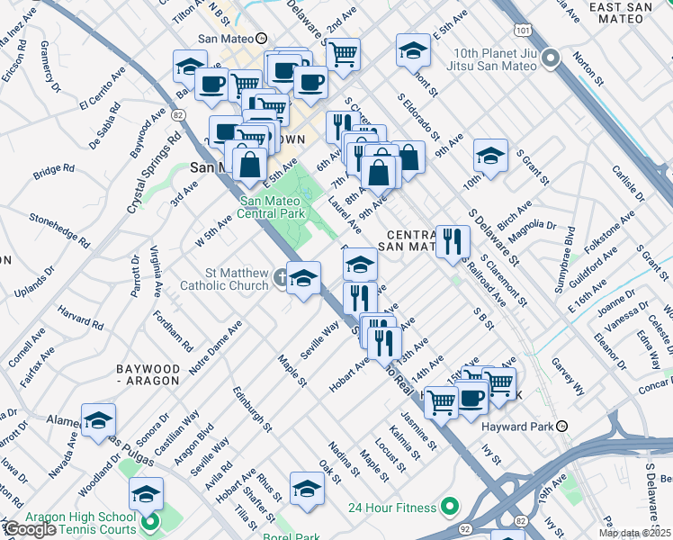 map of restaurants, bars, coffee shops, grocery stores, and more near 5 Hayward Avenue in San Mateo