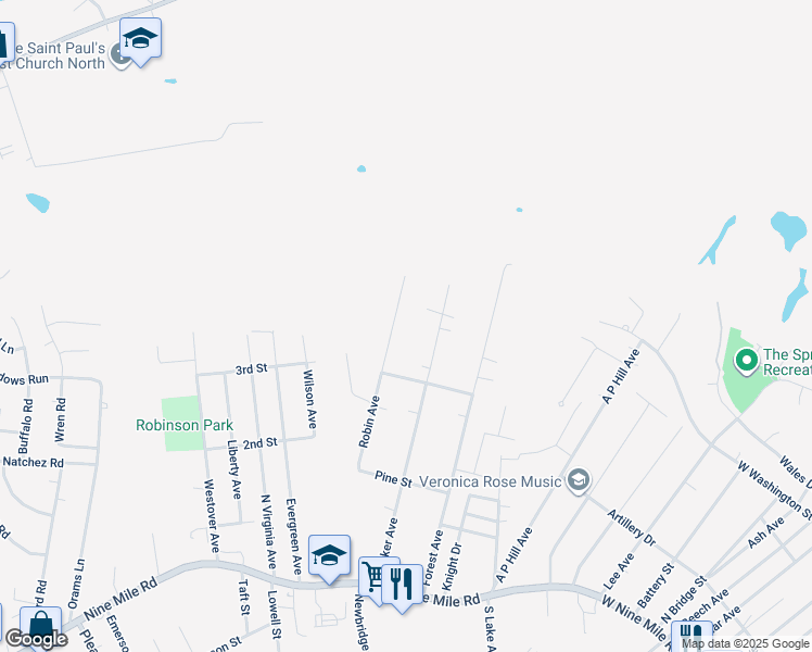 map of restaurants, bars, coffee shops, grocery stores, and more near 213 Robin Avenue in Richmond