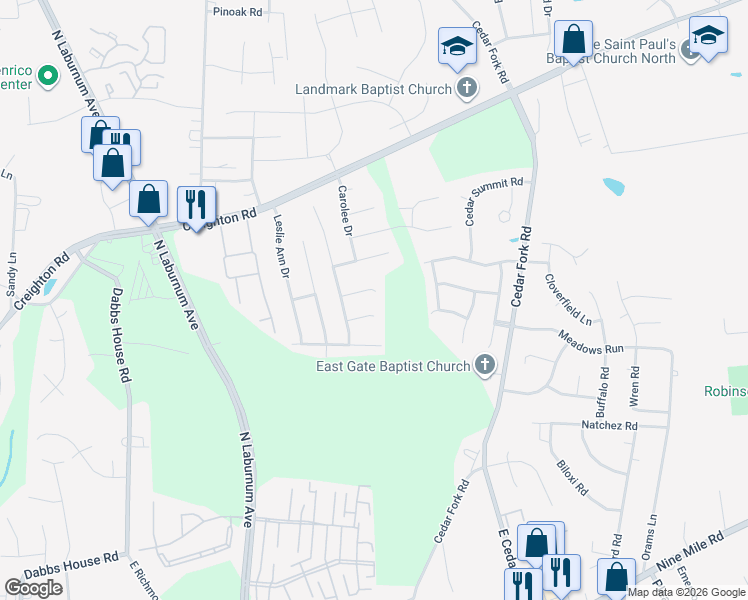 map of restaurants, bars, coffee shops, grocery stores, and more near 3823 Micheline Court in Richmond