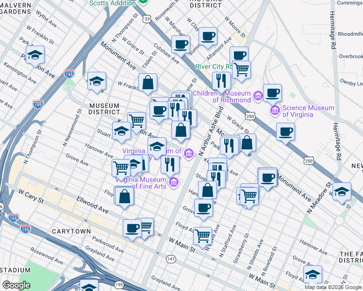 map of restaurants, bars, coffee shops, grocery stores, and more near 2801 Kensington Avenue in Richmond