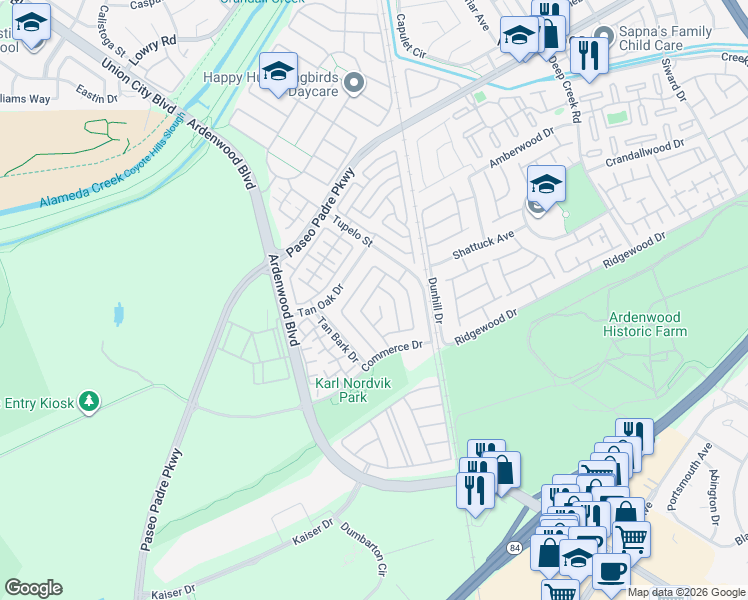 map of restaurants, bars, coffee shops, grocery stores, and more near 5736 Oleander Drive in Newark