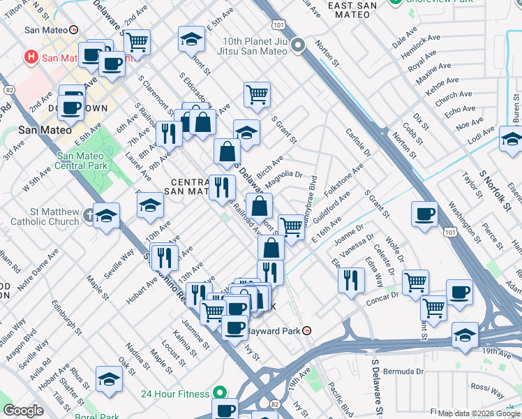 map of restaurants, bars, coffee shops, grocery stores, and more near South Claremont Street in San Mateo