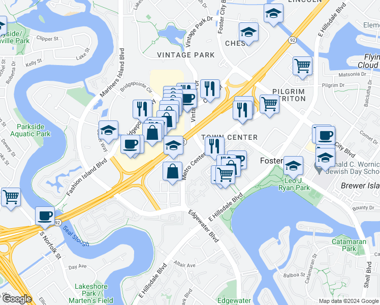map of restaurants, bars, coffee shops, grocery stores, and more near 801 Metro Center Boulevard in Foster City