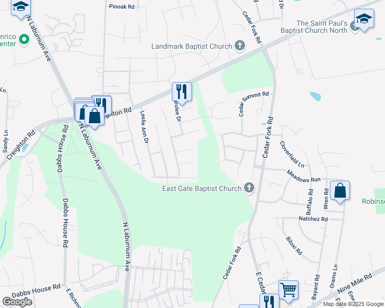 map of restaurants, bars, coffee shops, grocery stores, and more near 3823 Micheline Court in Richmond