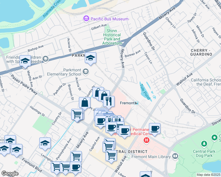 map of restaurants, bars, coffee shops, grocery stores, and more near 1900 Mowry Avenue in Fremont