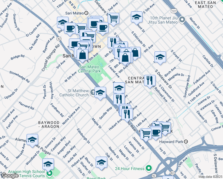 map of restaurants, bars, coffee shops, grocery stores, and more near 33 Hayward Avenue in San Mateo