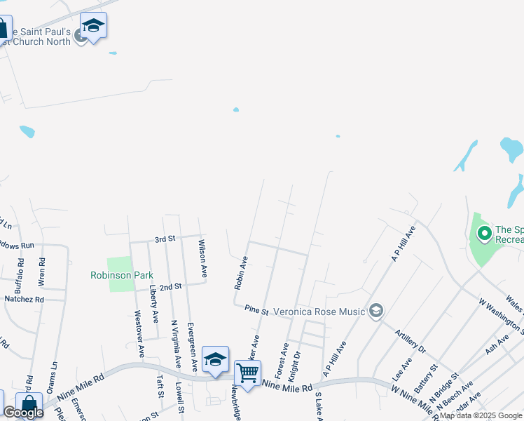 map of restaurants, bars, coffee shops, grocery stores, and more near 213 Robin Avenue in Richmond