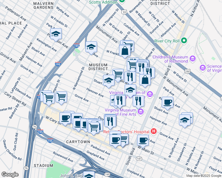 map of restaurants, bars, coffee shops, grocery stores, and more near in Richmond