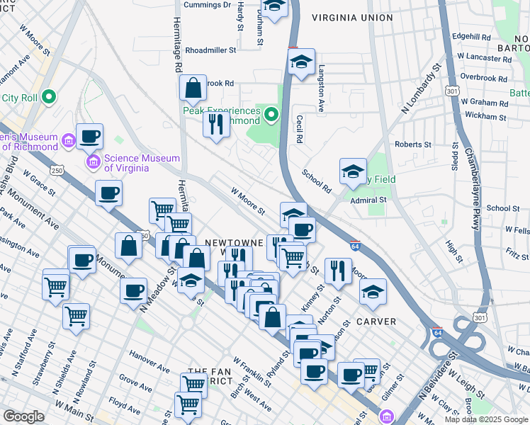 map of restaurants, bars, coffee shops, grocery stores, and more near 1804 West Moore Street in Richmond