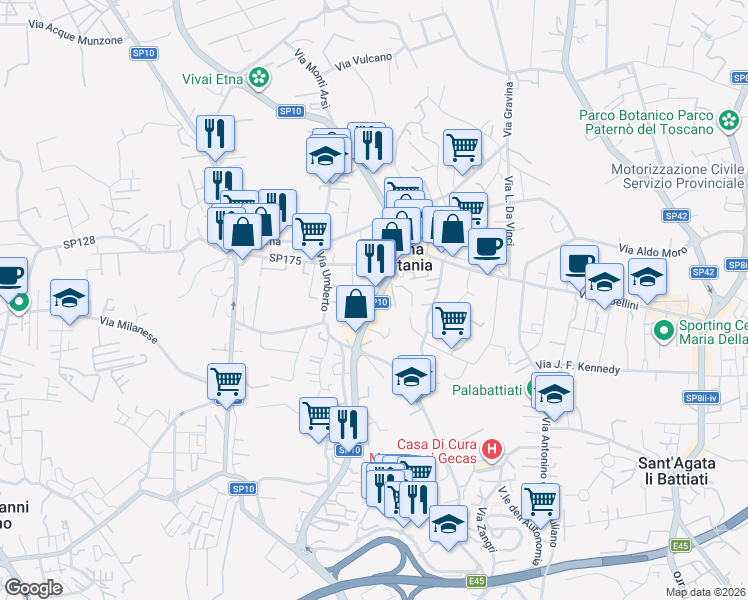 map of restaurants, bars, coffee shops, grocery stores, and more near 54A Via Antonio Gramsci in Gravina di Catania