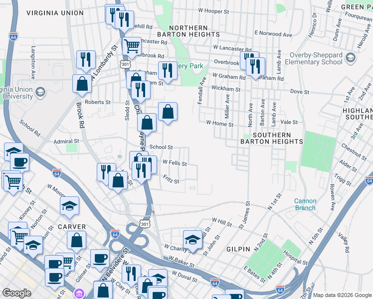 map of restaurants, bars, coffee shops, grocery stores, and more near 1706 Hickory Street in Richmond