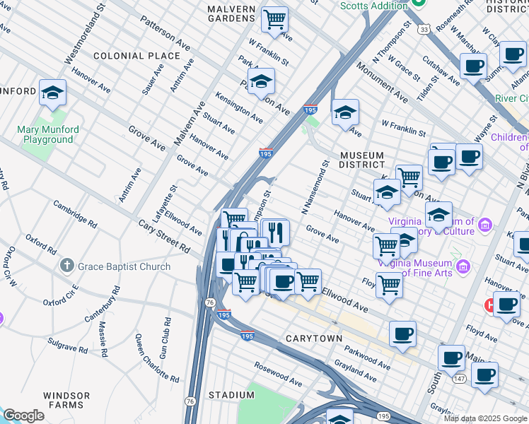 map of restaurants, bars, coffee shops, grocery stores, and more near 3549 Grove Avenue in Richmond