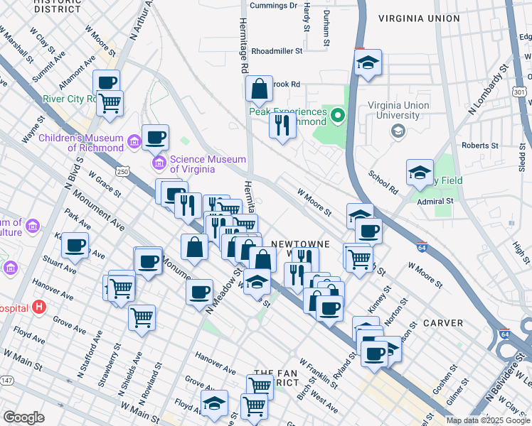map of restaurants, bars, coffee shops, grocery stores, and more near 2000 West Marshall Street in Richmond