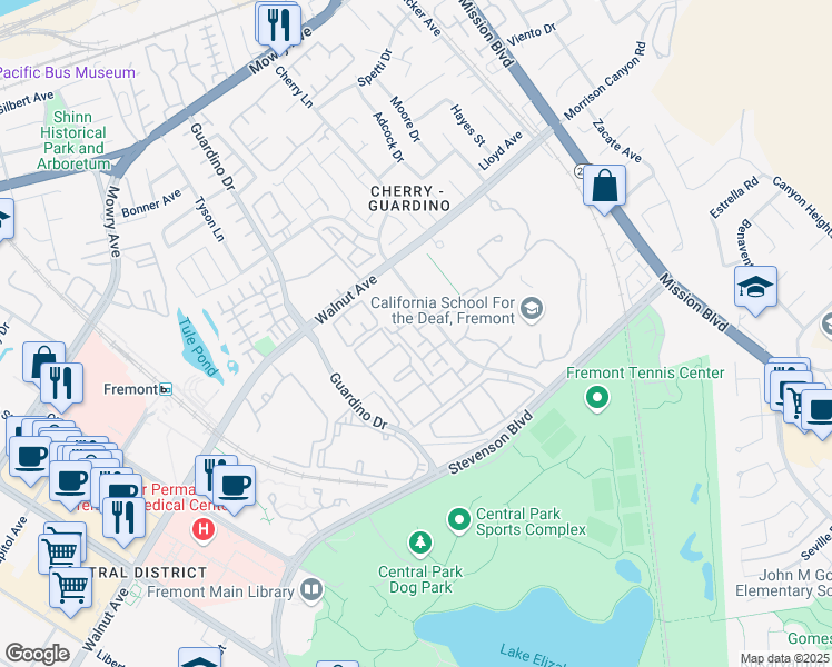 map of restaurants, bars, coffee shops, grocery stores, and more near 953 Avila Terraza in Fremont