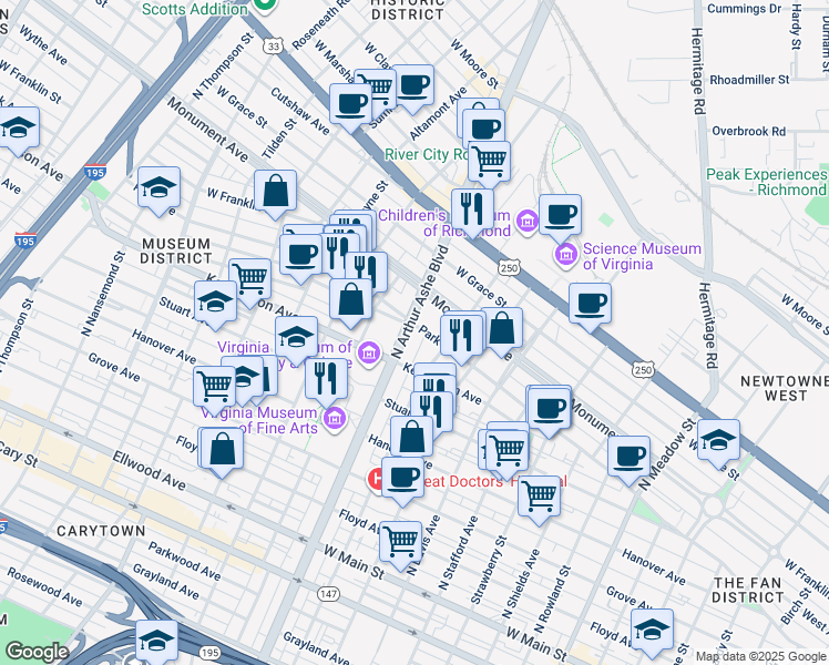 map of restaurants, bars, coffee shops, grocery stores, and more near 515 North Arthur Ashe Boulevard in Richmond