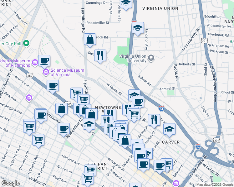 map of restaurants, bars, coffee shops, grocery stores, and more near 1726 West Leigh Street in Richmond