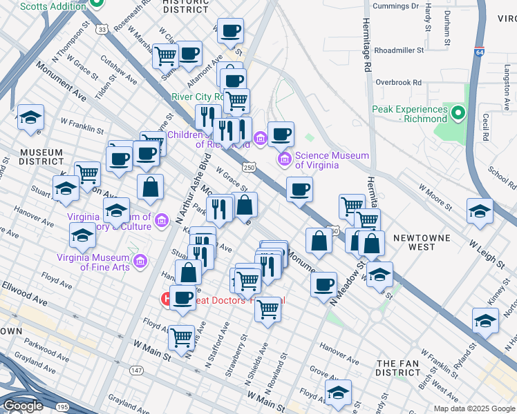 map of restaurants, bars, coffee shops, grocery stores, and more near 2399 Monument Avenue in Richmond
