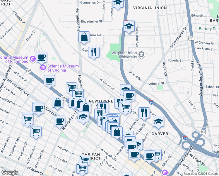 map of restaurants, bars, coffee shops, grocery stores, and more near 1825 West Moore Street in Richmond