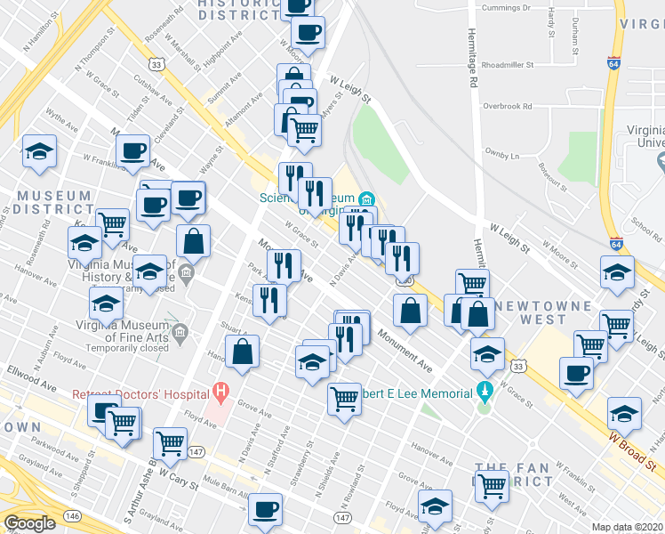map of restaurants, bars, coffee shops, grocery stores, and more near 2503 West Grace Street in Richmond
