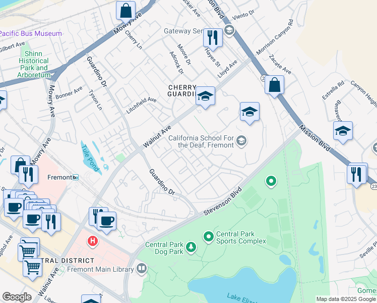 map of restaurants, bars, coffee shops, grocery stores, and more near 39307 Del Oro Terraza in Fremont