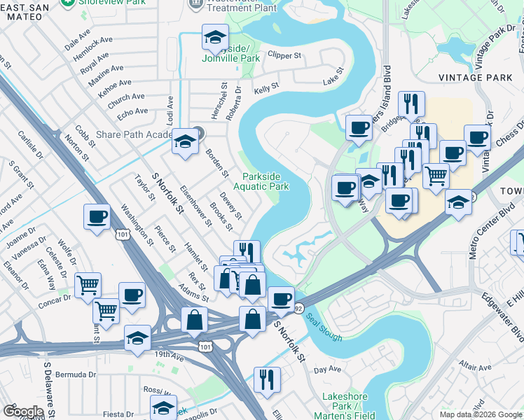 map of restaurants, bars, coffee shops, grocery stores, and more near 1558 Roberta Drive in San Mateo