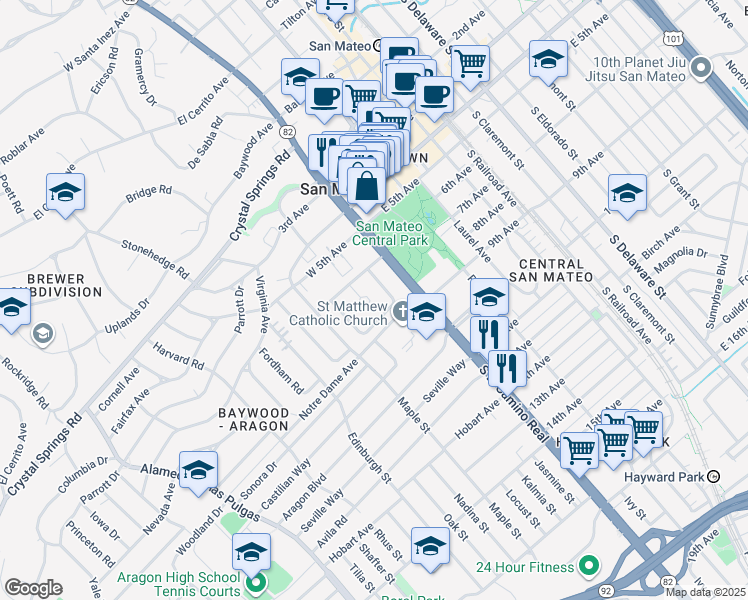 map of restaurants, bars, coffee shops, grocery stores, and more near 623 Capistrano Way in San Mateo