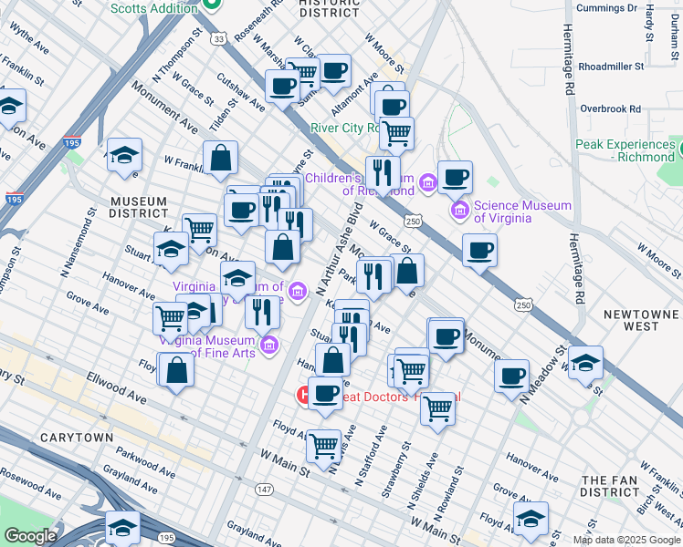 map of restaurants, bars, coffee shops, grocery stores, and more near 505 Virginia 161 in Richmond