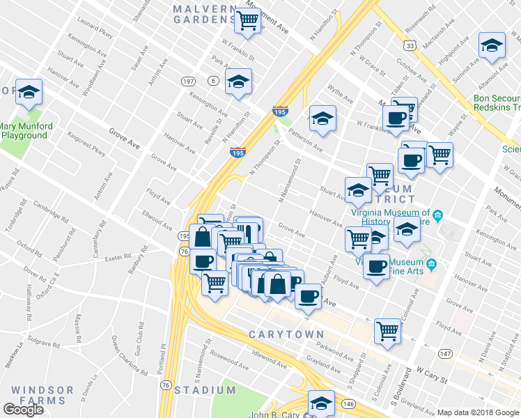 map of restaurants, bars, coffee shops, grocery stores, and more near 3513 Grove Avenue in Richmond