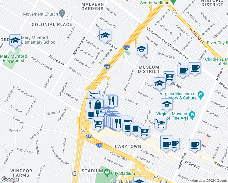 map of restaurants, bars, coffee shops, grocery stores, and more near 3513 Grove Avenue in Richmond