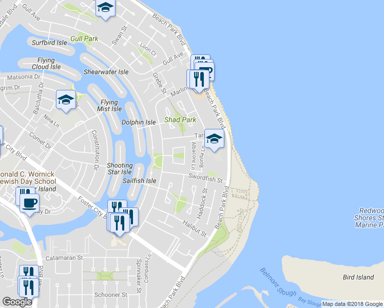 map of restaurants, bars, coffee shops, grocery stores, and more near 146 Albacore Lane in Foster City