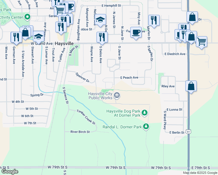 map of restaurants, bars, coffee shops, grocery stores, and more near 335 South Jane Street in Haysville
