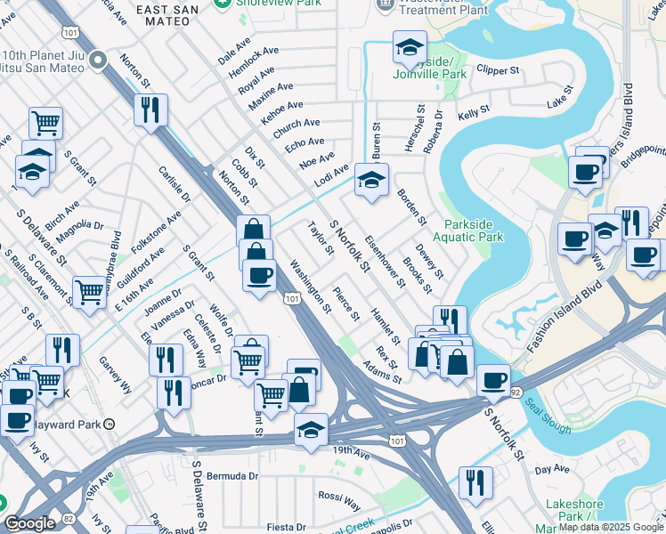 map of restaurants, bars, coffee shops, grocery stores, and more near 1728 Hamlet Street in San Mateo